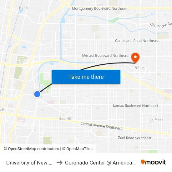 University of New Mexico to Coronado Center @ Americas Parkway map