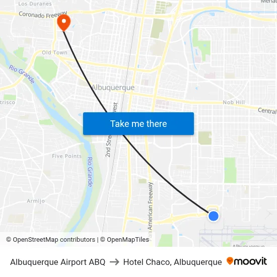 Albuquerque Airport ABQ to Hotel Chaco, Albuquerque map