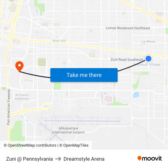 Zuni @ Pennsylvania to Dreamstyle Arena map