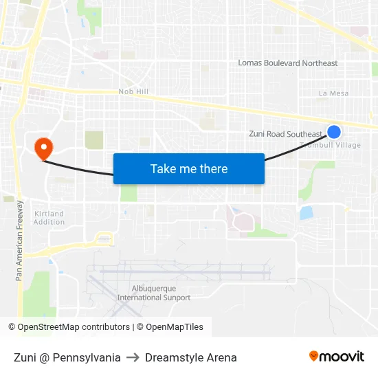 Zuni @ Pennsylvania to Dreamstyle Arena map