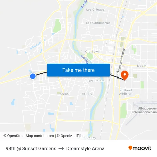 98th @ Sunset Gardens to Dreamstyle Arena map
