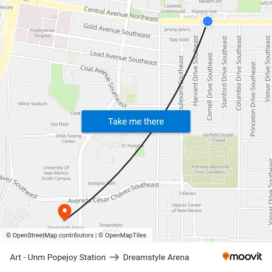 Art - Unm Popejoy Station to Dreamstyle Arena map