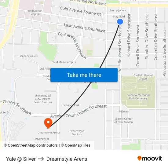 Yale @ Silver to Dreamstyle Arena map