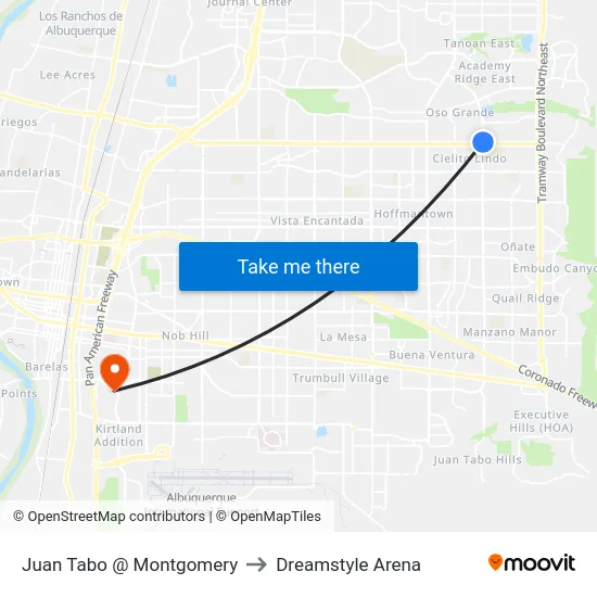 Juan Tabo @ Montgomery to Dreamstyle Arena map