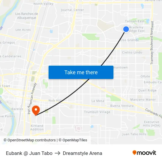 Eubank @ Juan Tabo to Dreamstyle Arena map