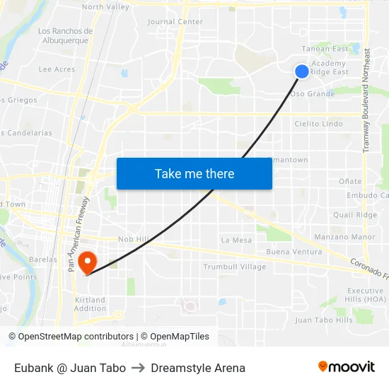 Eubank @ Juan Tabo to Dreamstyle Arena map