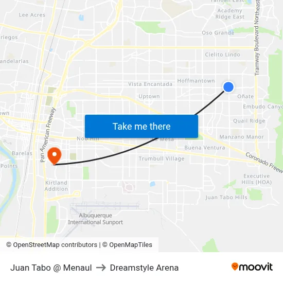 Juan Tabo @ Menaul to Dreamstyle Arena map