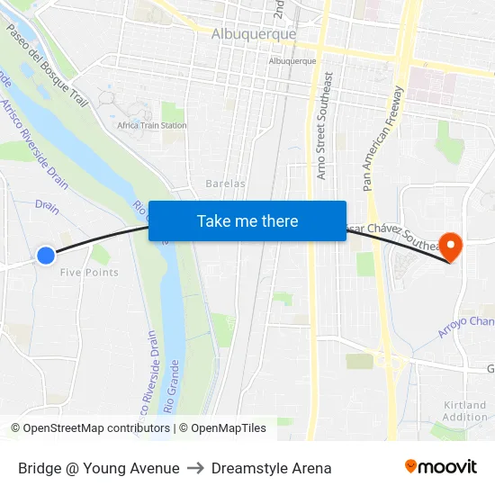 Bridge @ Young Avenue to Dreamstyle Arena map