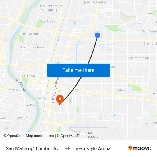 San Mateo @ Lumber Ave. to Dreamstyle Arena map