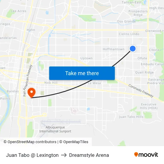 Juan Tabo @ Lexington to Dreamstyle Arena map