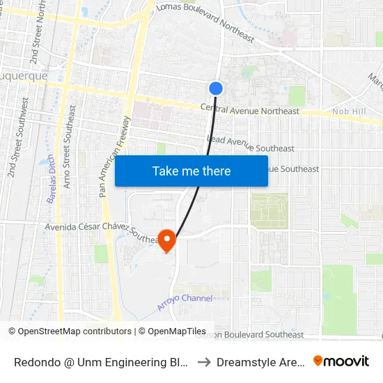 Redondo @ Unm Engineering Bldg. to Dreamstyle Arena map
