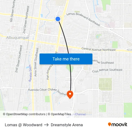 Lomas @ Woodward to Dreamstyle Arena map