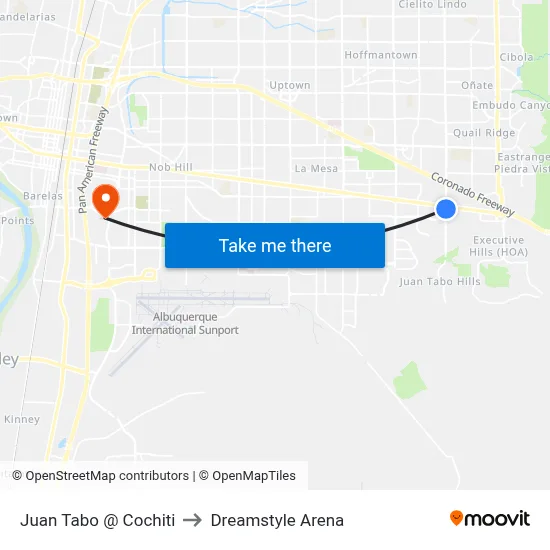 Juan Tabo @ Cochiti to Dreamstyle Arena map