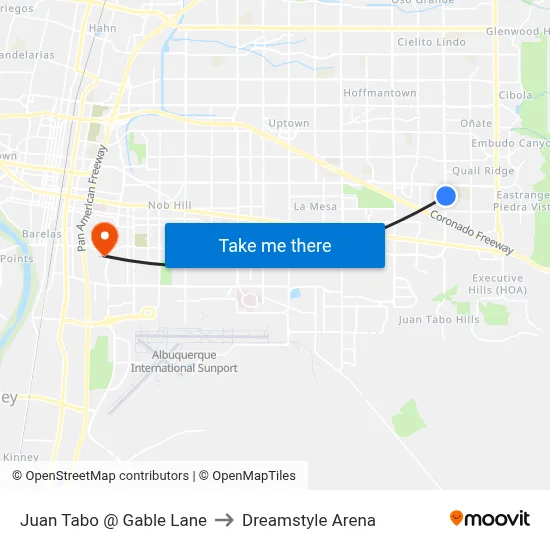 Juan Tabo @ Gable Lane to Dreamstyle Arena map
