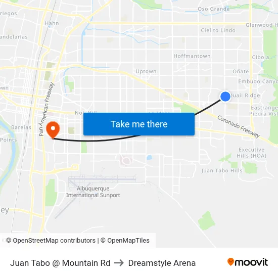 Juan Tabo @ Mountain Rd to Dreamstyle Arena map