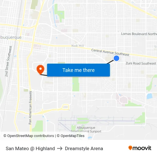 San Mateo @ Highland to Dreamstyle Arena map