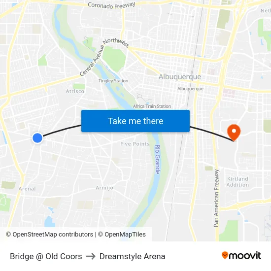 Bridge @ Old Coors to Dreamstyle Arena map