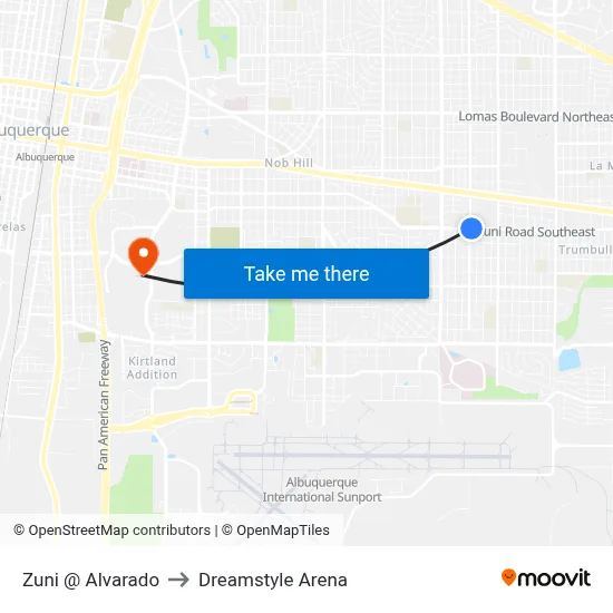 Zuni @ Alvarado to Dreamstyle Arena map
