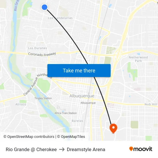 Rio Grande @ Cherokee to Dreamstyle Arena map