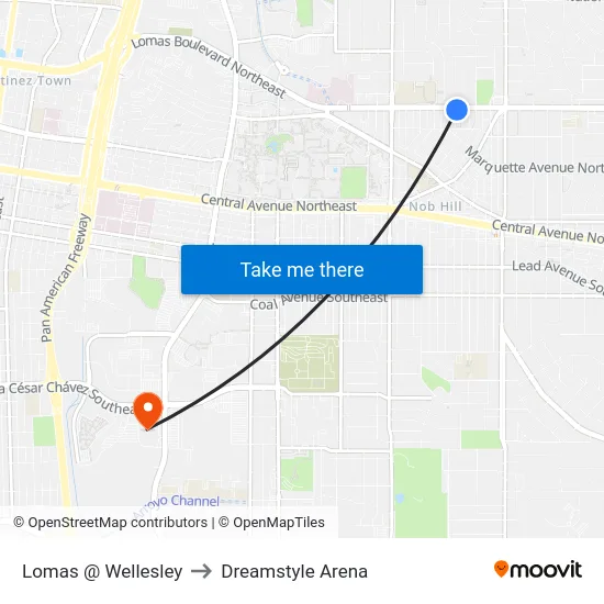 Lomas @ Wellesley to Dreamstyle Arena map