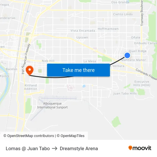 Lomas @ Juan Tabo to Dreamstyle Arena map