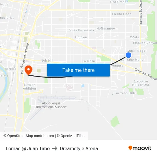 Lomas @ Juan Tabo to Dreamstyle Arena map
