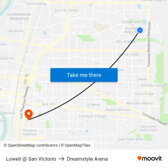 Lowell @ San Victorio to Dreamstyle Arena map