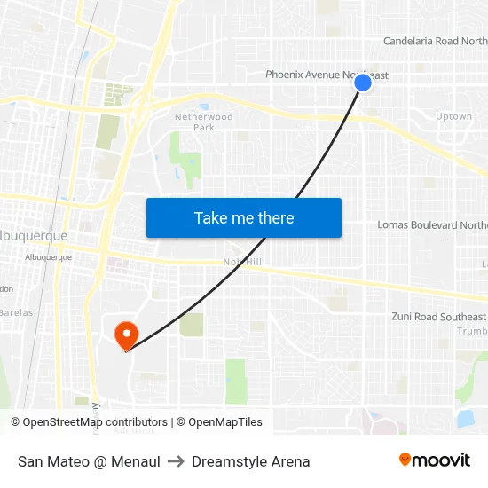 San Mateo @ Menaul to Dreamstyle Arena map