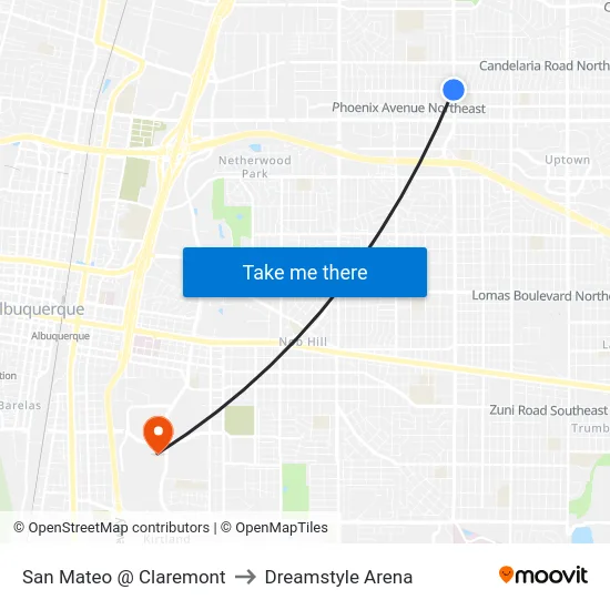 San Mateo @ Claremont to Dreamstyle Arena map