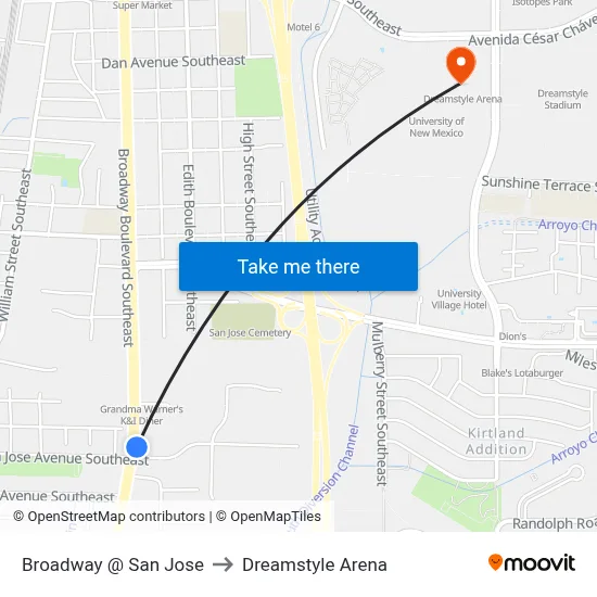 Broadway @ San Jose to Dreamstyle Arena map