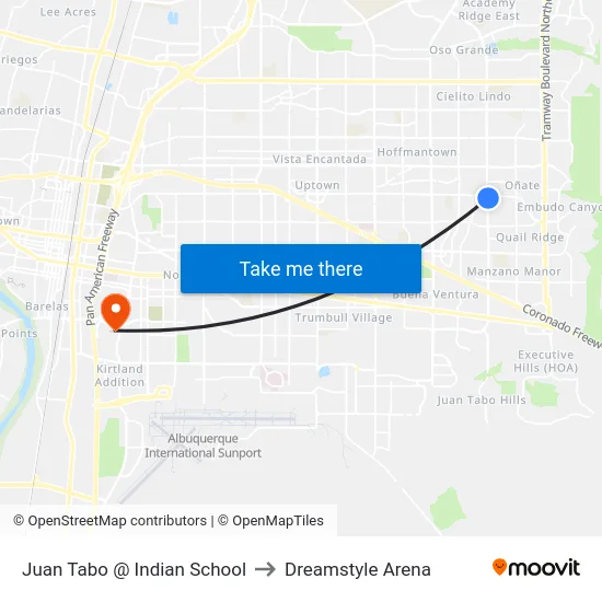 Juan Tabo @ Indian School to Dreamstyle Arena map