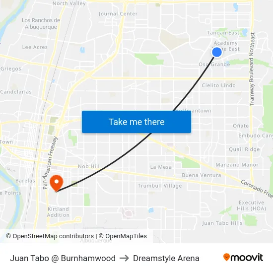 Juan Tabo @ Burnhamwood to Dreamstyle Arena map