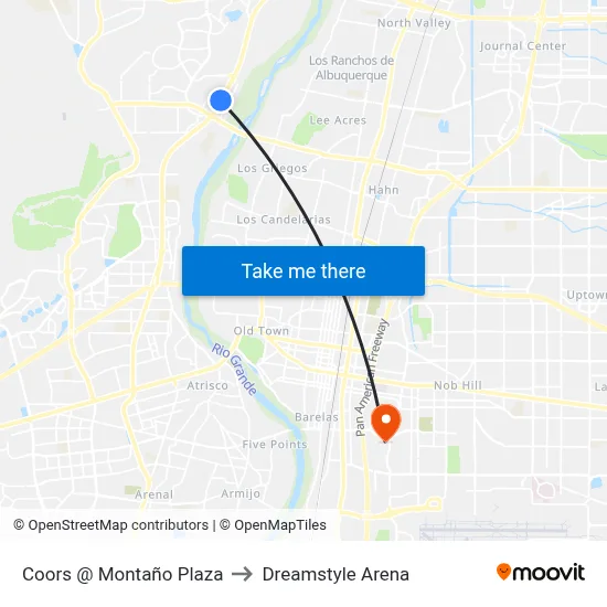 Coors @ Montaño Plaza to Dreamstyle Arena map
