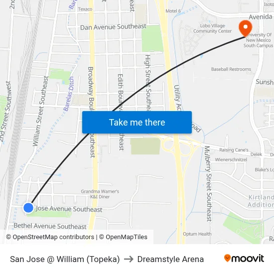 San Jose @ William (Topeka) to Dreamstyle Arena map