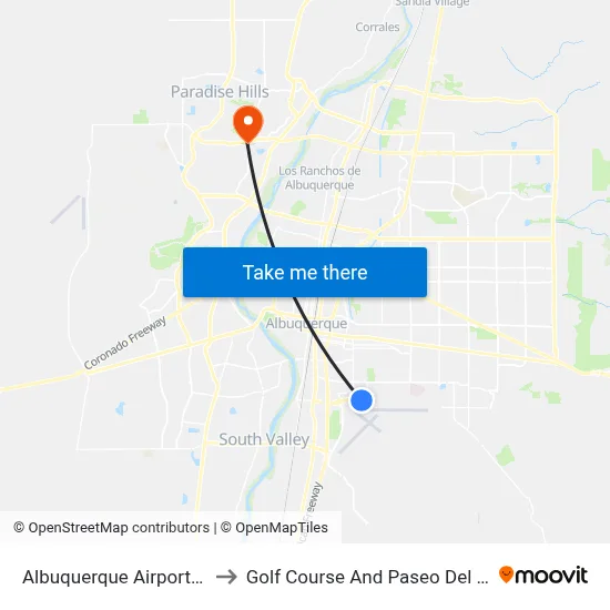 Albuquerque Airport ABQ to Golf Course And Paseo Del Norte map