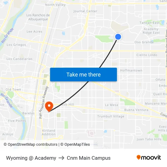 Wyoming @ Academy to Cnm Main Campus map