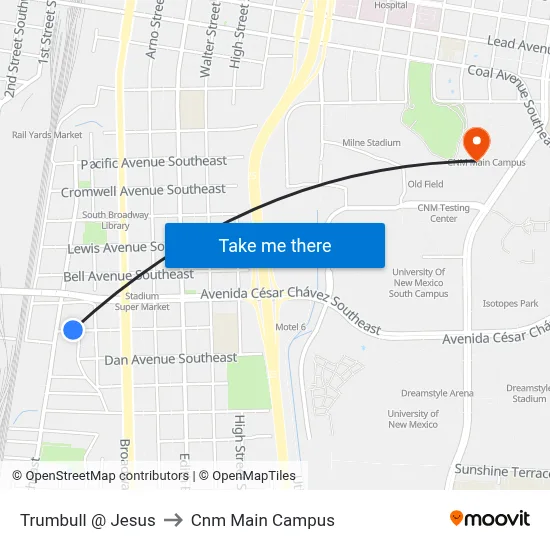 Trumbull @ Jesus to Cnm Main Campus map