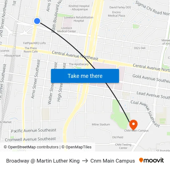 Broadway @ Martin Luther King to Cnm Main Campus map