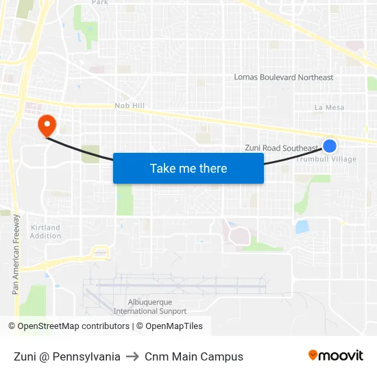 Zuni @ Pennsylvania to Cnm Main Campus map