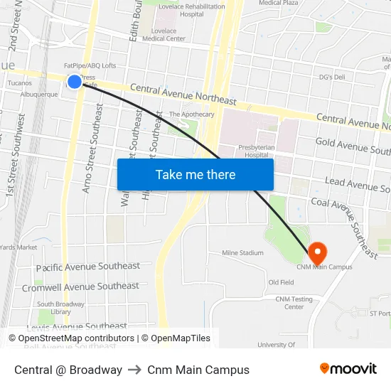 Central @ Broadway to Cnm Main Campus map