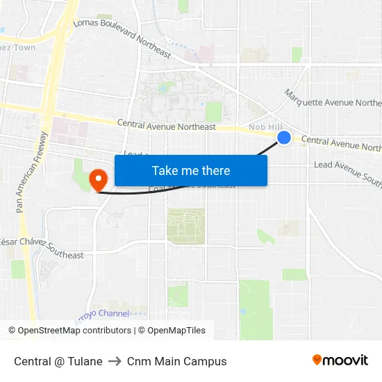 Central @ Tulane to Cnm Main Campus map