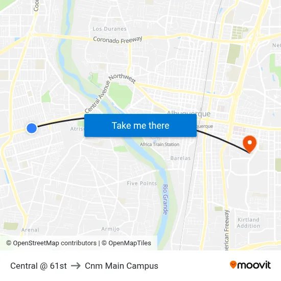 Central @ 61st to Cnm Main Campus map