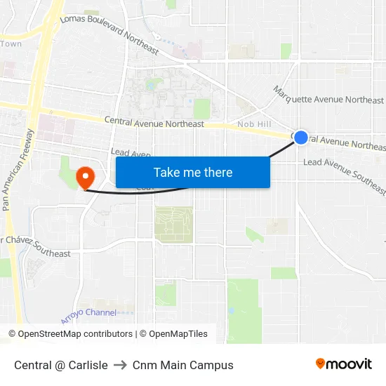 Central @ Carlisle to Cnm Main Campus map