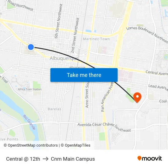 Central @ 12th to Cnm Main Campus map