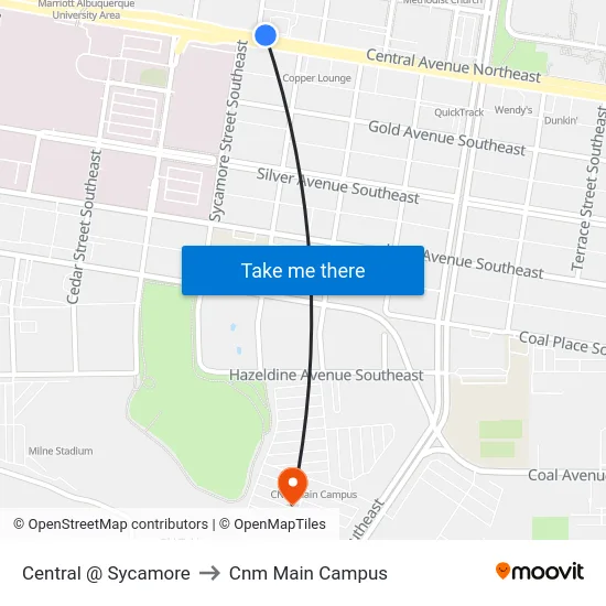 Central @ Sycamore to Cnm Main Campus map
