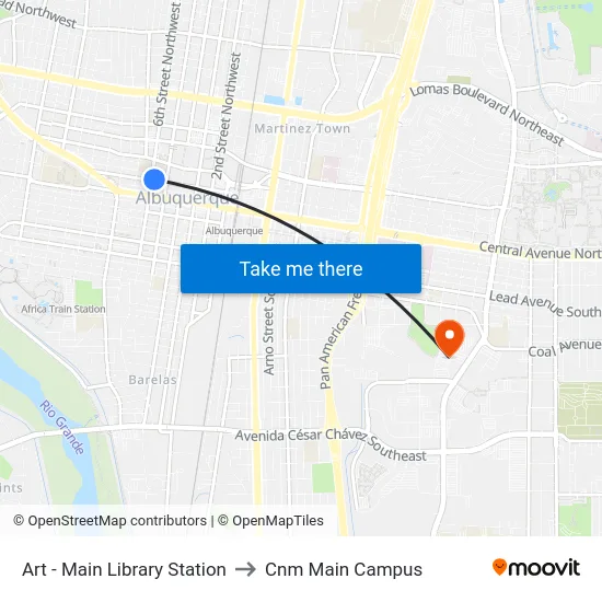 Art - Main Library Station to Cnm Main Campus map