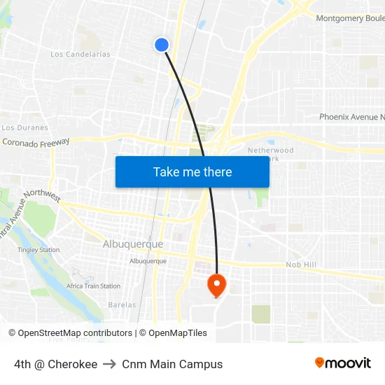 4th @ Cherokee to Cnm Main Campus map