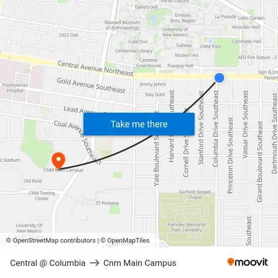 Central @ Columbia to Cnm Main Campus map