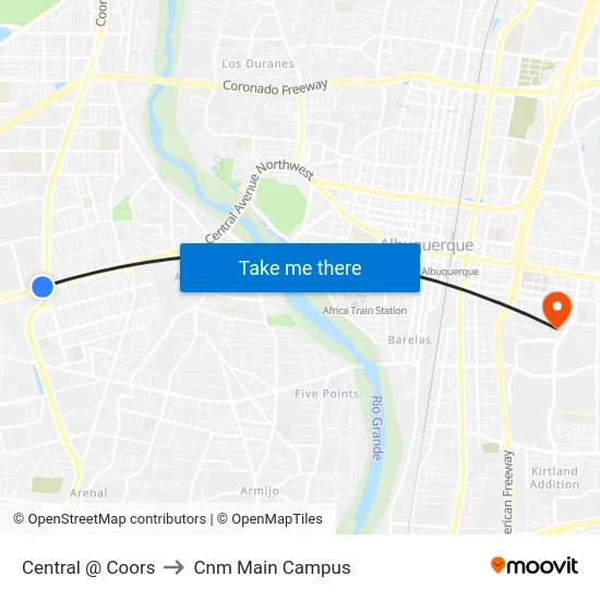 Central @ Coors to Cnm Main Campus map