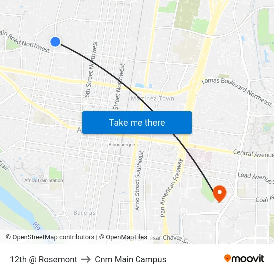 12th @ Rosemont to Cnm Main Campus map